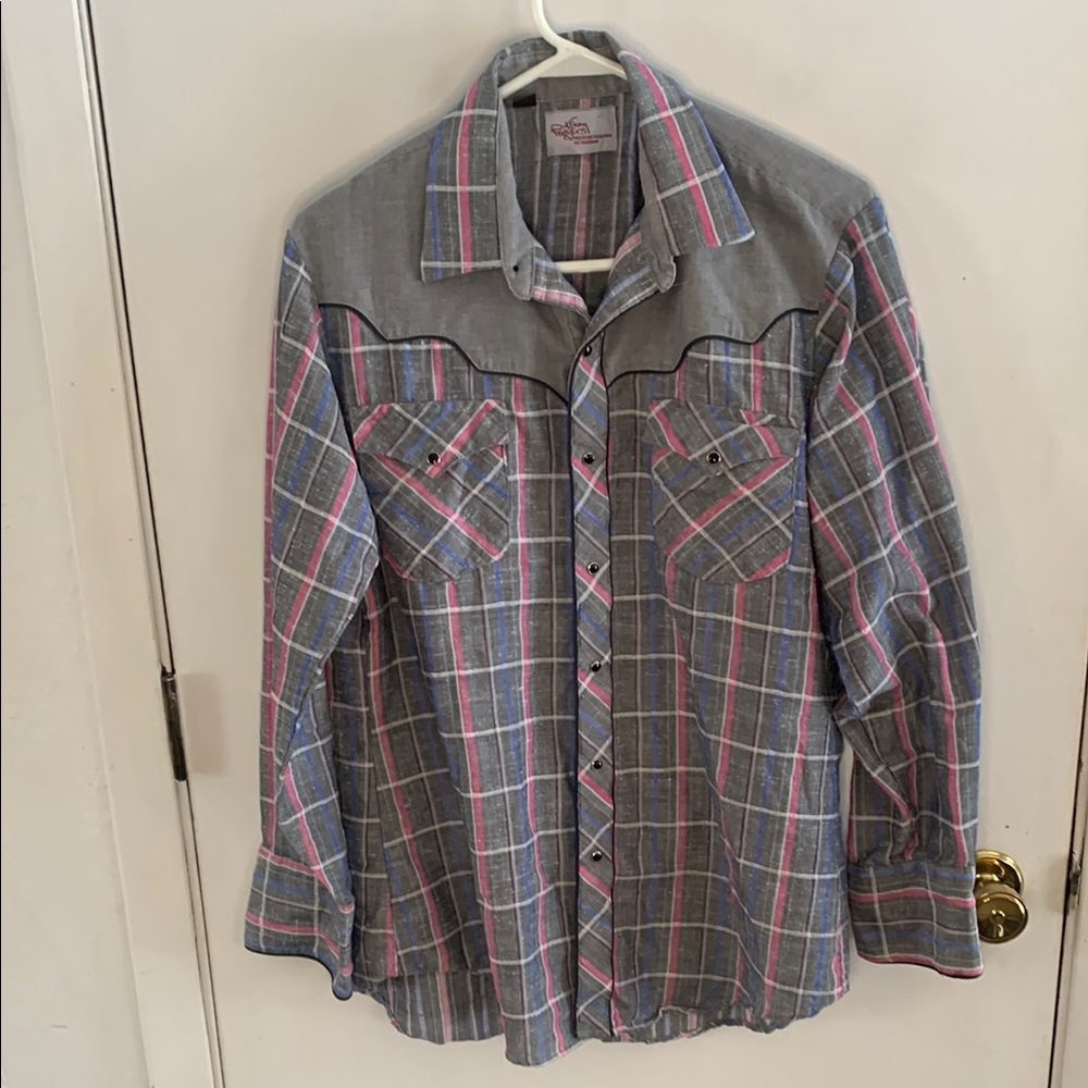 Kenny Rogers vintage grey blue pink plaid long sleeve western button down shirt
